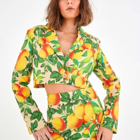 Farm Rio Orange Sands Cropped Linen Blazer L - Picture 2 of 10